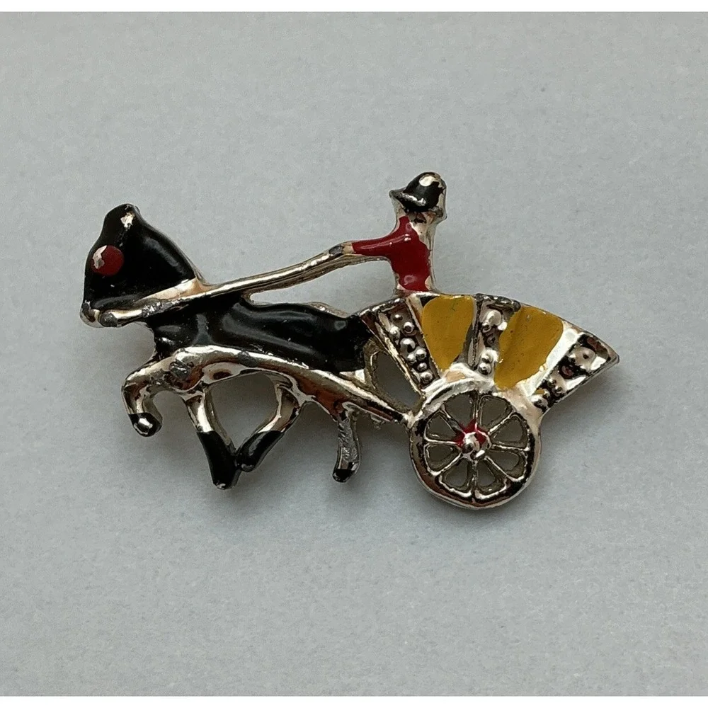 Vintage Horse & Wagon Carriage Pin,‎ Silver Tone, 1950s
